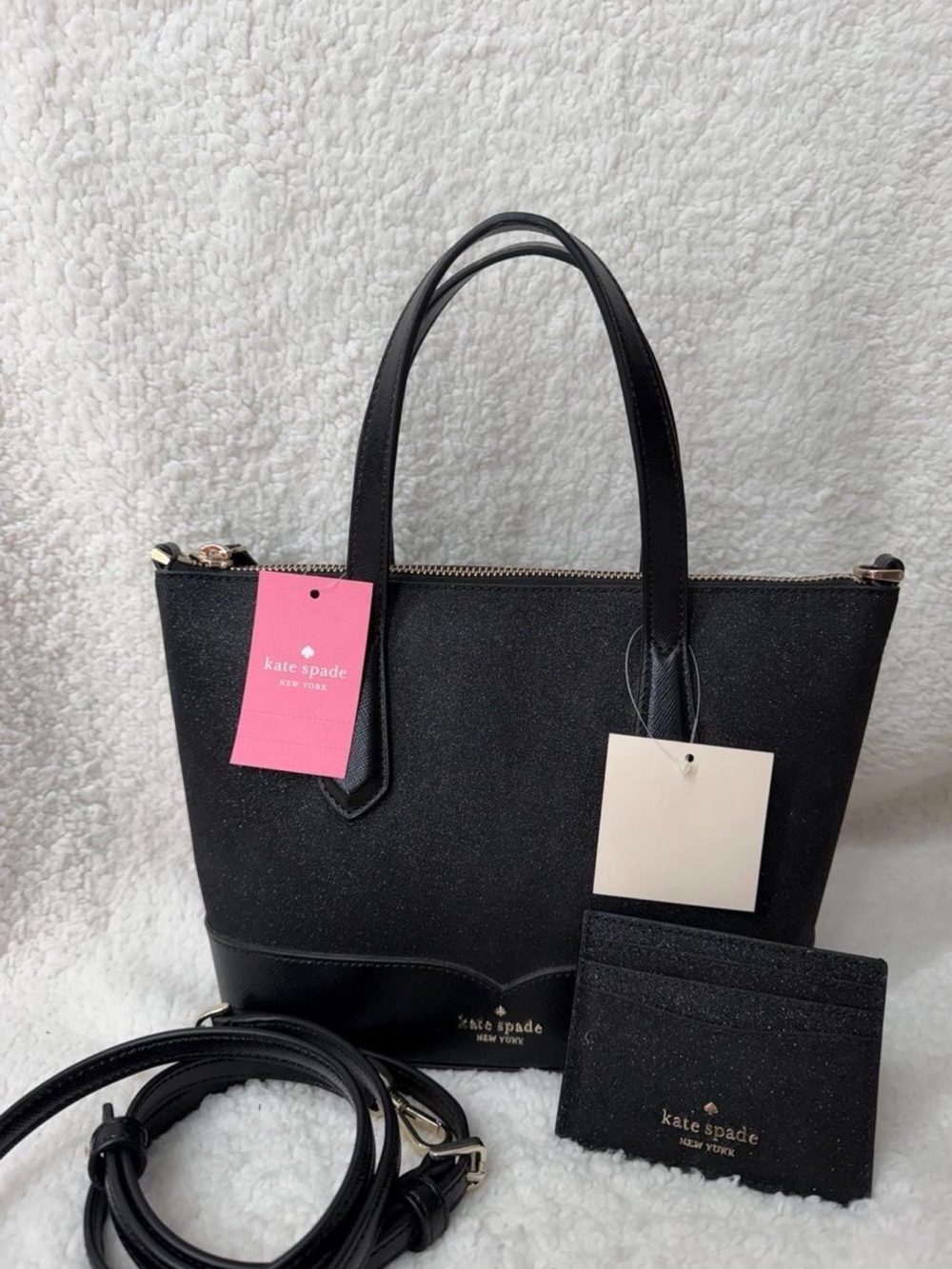 kate spade Black Glitter Tote with Matching Card Holder